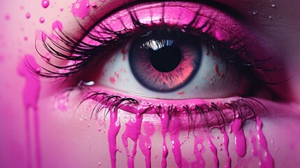  a close up of a person's eye with pink paint dripping down the side of the eye and the eyelid of the person's eye. - obrazy, fototapety, plakaty