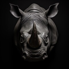  a close up of a rhino's face in black and white with a rhino's horn sticking out.