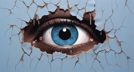  a close up of a blue eye looking through a crack in the wall of a building with cracked paint on it.