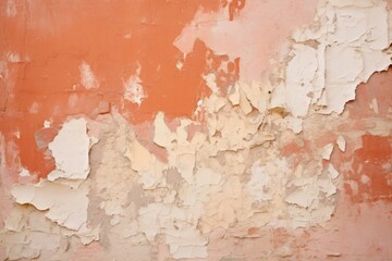  a red and white wall with peeling paint and a clock on the side of the wall and a clock on the side of the wall.