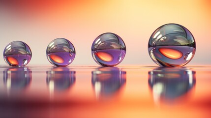  a group of three glass balls sitting on top of a table next to each other on top of a reflective surface.