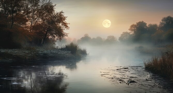  a painting of a foggy river with a full moon in the sky above the water and trees in the foreground.
