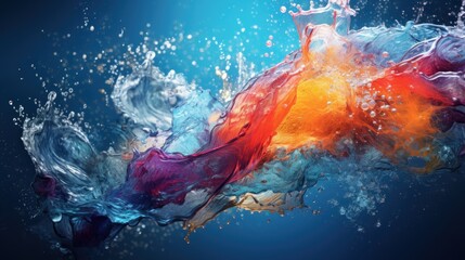 a multicolored liquid splashing out of the water on a blue background with a splash of water on the bottom of the image.