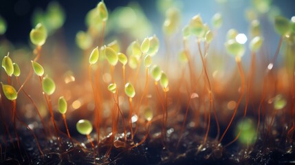  a close up of a group of plants growing out of the ground with water droplets on the plants sprouts.