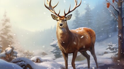  a painting of a deer standing in a snowy forest with snow falling on the ground and trees in the background.