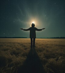 Fototapeta na wymiar A person standing in a field with arms outstretched, gazing at the starry night sky. Generative AI.