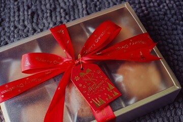 An elegant and neatly arranged gift box on table. new year and christmas concept. valentine gift...