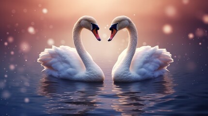  a couple of white swans floating on top of a body of water next to each other on top of a body of water.