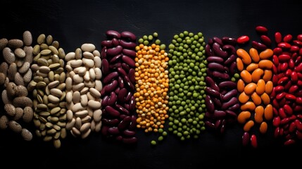  a group of beans, peas, and carrots arranged in a row on a black surface with a black background.
