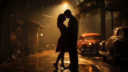 Romantic Rendezvous: Silhouetted Kiss in Rainy Vintage Scene