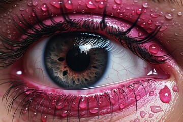  a close up of a person's eye with drops of water on the iris and the eyelid of the eye.