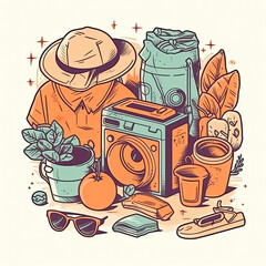Cool objects illustration with strong contrast for print on demand white background AI Generated