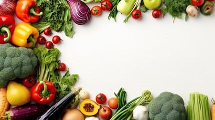 an overhead view of healthy fresh organic colourful fruits and vegetables arranged on the left border of the white background creates the frame and leaves useful copy space for text
