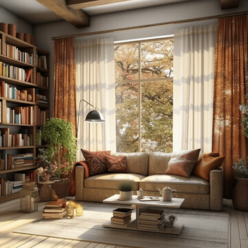 Sunlit Interior House Decor: 3D Sofa Set with Table, Big Curtains, Color Matching, Books on the Table. Generative AI