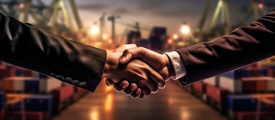 businessman handshake with partners to celebrate partnerships at the container yard site. businessman handshake at the container terminal yard - obrazy, fototapety, plakaty