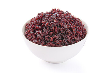 Cooked riceberry in a white bowl isolated on white background. Riceberry rice is dark purple rice similar to ripe berries, rich in nutrients and has good anti-oxidant properties.
