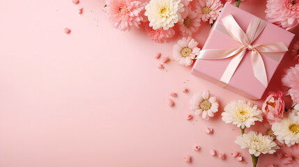 A collection of Gift box and pink flowers