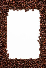 Top view of roasted coffee beans texture background on flat lay in vertical with white free space in center. pattern for design menu drink. coffee beans frame.