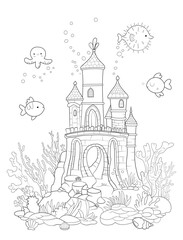 Mermaid s castle line illustration. Coloring book page, black and white. Doodle style, Hand draw. sea inhabitants and seaweed
