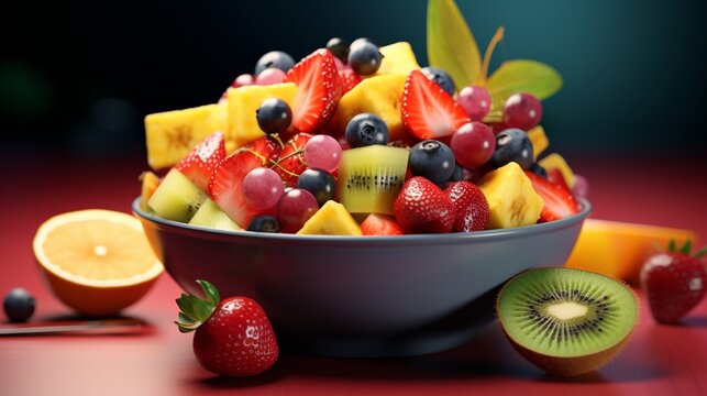 Craft a realistic image of a colorful fruit salad against a smooth, solid color backdrop. 
