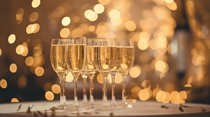 Fototapeta na wymiar festive champagne tower at a wedding or New Year celebration with golden bokeh background