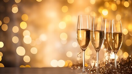 festive champagne tower at a wedding or New Year celebration with golden bokeh background