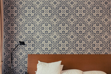 Paper wall modern paper on a domestic home bedroom with pillows