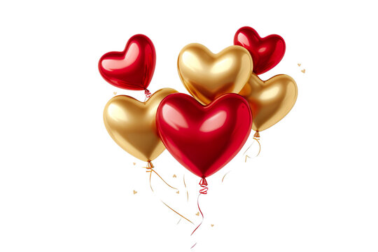 Gold and red flying glossy foil heart balloons, white background isolated PNG