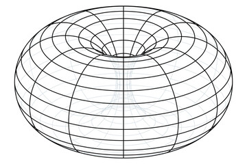 Wire-frame of a ring torus, or also donut or doughnut. Geometrical surface of revolution generated by revolving a circle in 3D space one full revolution about an axis that is coplanar with the circle.