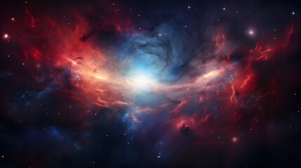 Galaxy background of radiant explosion of blues and reds illuminates the universe In vast expanse of the cosmos. Celestial scene captures the infinite beauty and mystery of the great universe  - obrazy, fototapety, plakaty