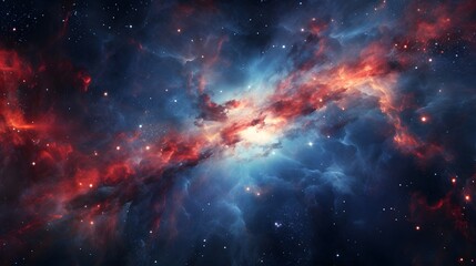 Fototapeta na wymiar Galaxy background of radiant explosion of blues and reds illuminates the universe In vast expanse of the cosmos. Celestial scene captures the infinite beauty and mystery of the great universe 