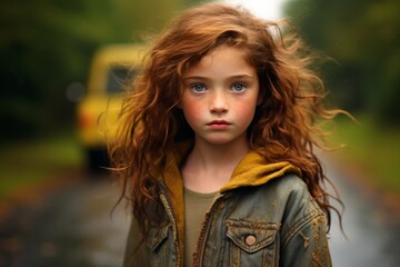 Portrait of a little girl with long red hair in a yellow jacket