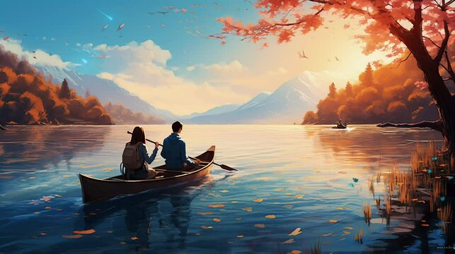 couple is rowing a boat on the lake. seamless looping time-lapse virtual video Animation Background.