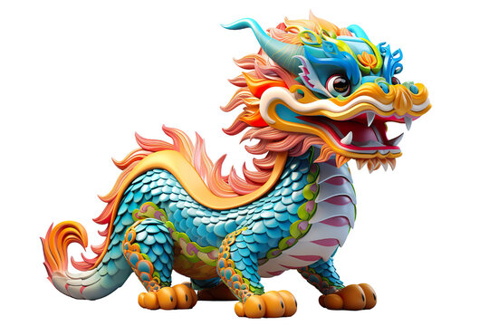 Cute colorful Chinese dragon lunar new year, long body, white background, 3d cartoon style, strong color contrast isolated PNG