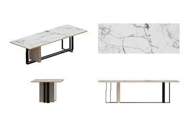 luxury working table with stenless leg and marble top ,isometric, top view, font view, side view, isolated,perspective, rendering ,png
