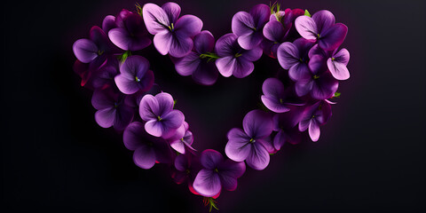 Valentines Day Purple Flowers Blossom in Heart Shape on black Background