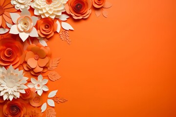Many flowers made of paper on orange background with copy space. Floral frame layout with text space. Romantic feminine composition. Wedding invitation. International Women day, Generative AI 