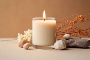 Obraz na płótnie Canvas Vanilla burning candle on beige background. Warm aesthetic composition with stones and dry flowers. Home comfort, spa, relax and wellness concept. Generative AI 