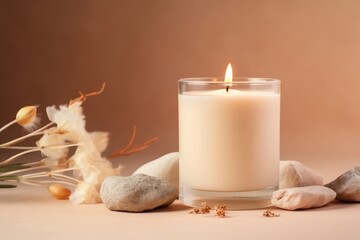 Vanilla burning candle on beige background. Warm aesthetic composition with stones and dry flowers. Home comfort, spa, relax and wellness concept. Generative AI 