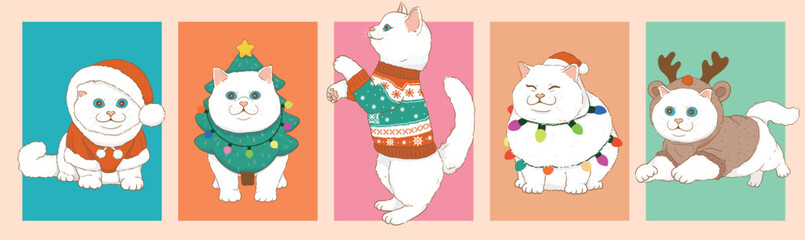 Cartoon white cat wearing christmas costume for christmas day illustration Premium Vector