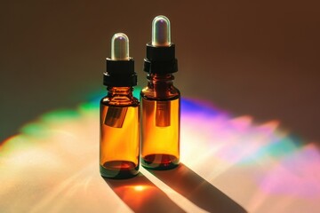 Face serum in amber glass dropper bottle under the rainbow light. Minimal cosmetics layout. Natural oil. Skincare, anti-age cosmetics concept. Flat lay. Low key, Generative AI 