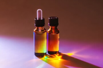 Face serum in amber glass dropper bottle under the rainbow light. Minimal cosmetics layout. Natural oil. Skincare, anti-age cosmetics concept. Flat lay. Low key, Generative AI 
