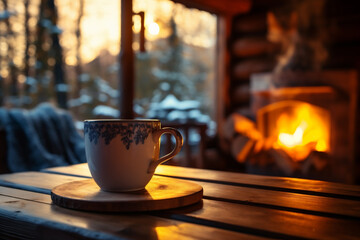 Cup of coffee on a wooden table near the fireplace in the winter forest. - obrazy, fototapety, plakaty