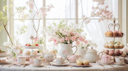 Fototapeta na wymiar An elegant Easter-themed tea party setup with vintage teacups, lace doilies, and a selection of springtime pastries
