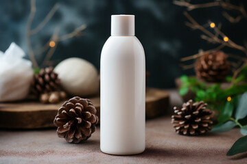 Mockup of cosmetic product in white bottle with christmas decoration.