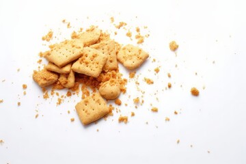 Scattered crumbs of vanilla chip butter cookies isolated on white background. Close-up view of brown crackers. Macro shot of yellow biscuit cake leftovers. Generative AI 