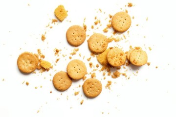 Scattered crumbs of vanilla chip butter cookies isolated on white background. Close-up view of brown crackers. Macro shot of yellow biscuit cake leftovers. Generative AI 