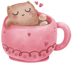 Hand drawn of cute cat in hot fresh chocolate good for valentine, love and wedding card, element illustration.