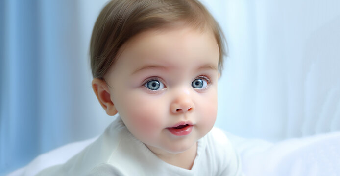Close up shot of cute baby with blue eyes. Isolated over white background. 