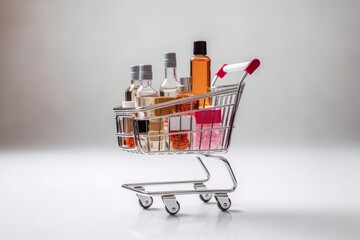 Online shopping minimalistic concept. Small cart with cosmetic bottles. Essential oil, serum and peeling gel in glass droppers. Mixture of beauty products. Black Friday, Generative AI 